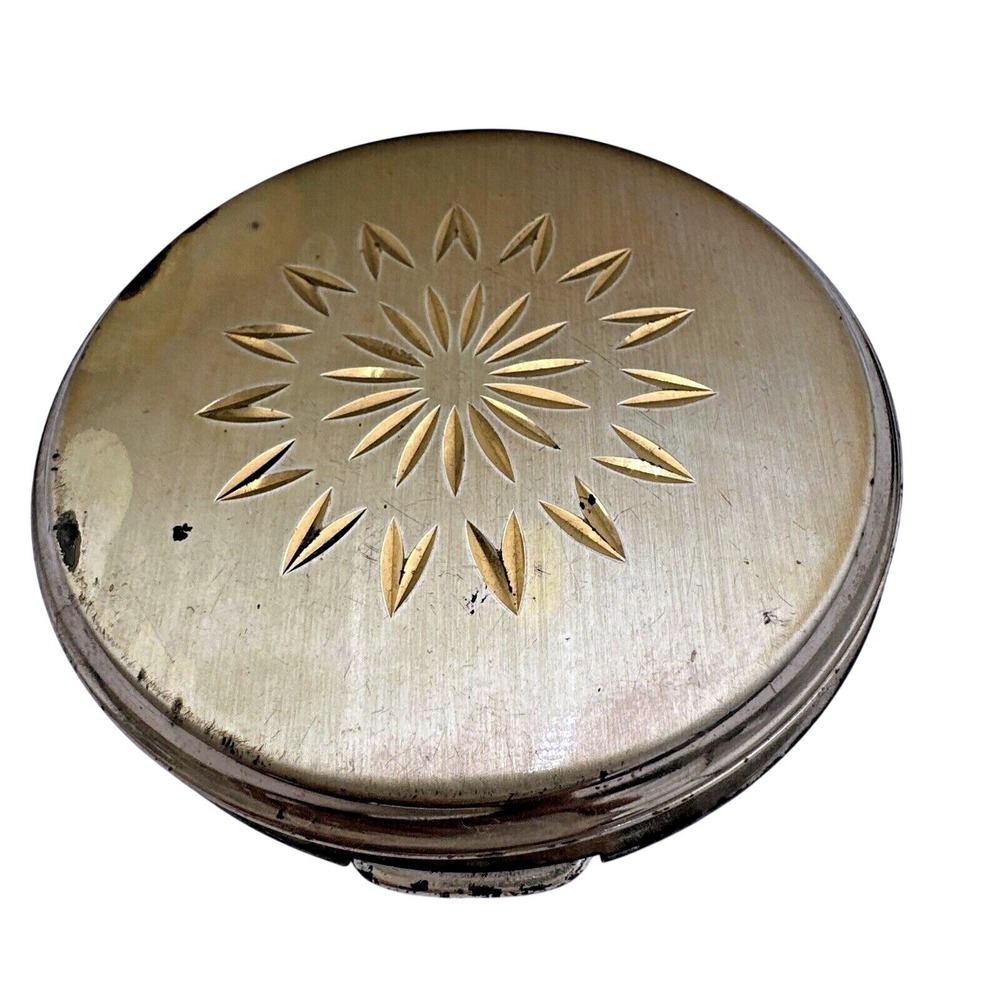 Vintage Powder Compact Gold Tone Etched Floral Design Makeup Mirror has damage
